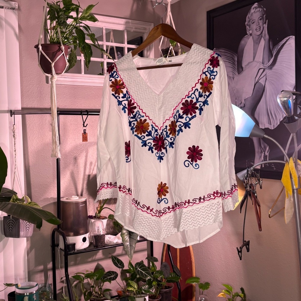 Shubham White Embroidered Boho Peasant Blouse‎ XXL Floral Folk Cotton Top